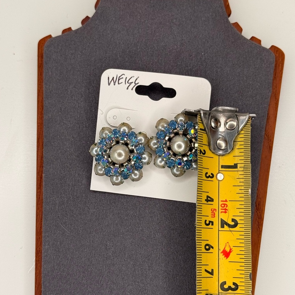 VTG Weiss Earrings Blue AB Rhinestones Faux Pearls, 50s Clip-On Signed Jewelry - Picture 4 of 7